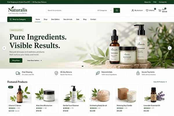 Naturalis natural skincare and wellness store homepage designed on Shopify