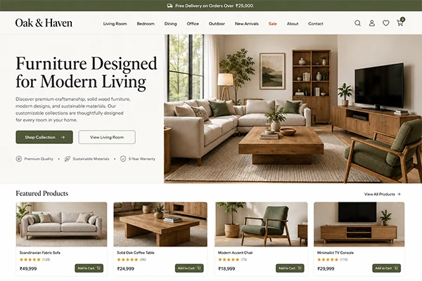 Oak & Haven furniture ecommerce website homepage designed on WooCommerce 