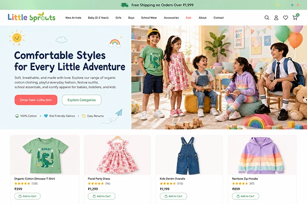 Little Sprouts kids' clothing store homepage designed on Magento