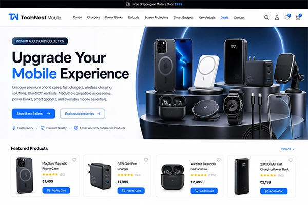 TechNest Mobile accessories store homepage designed on Magento